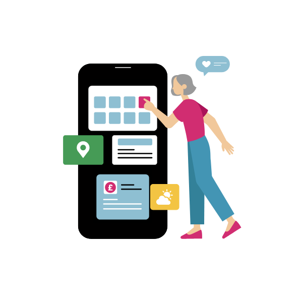 An illustrated woman interacts with a large smartphone interface, tapping an app icon on the screen. Around the phone are floating icons for location, messages, finances, and weather.