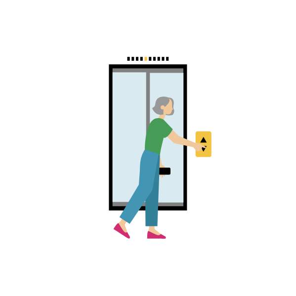 An illustrated woman presses the up or down button beside an elevator with closed doors.