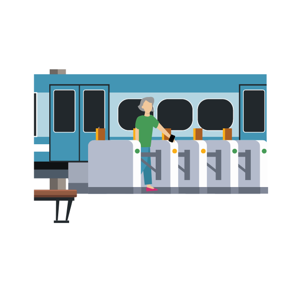 An illustrated woman taps a card or phone on a ticket barrier while entering a train station. A blue train is stopped behind the row of barriers.